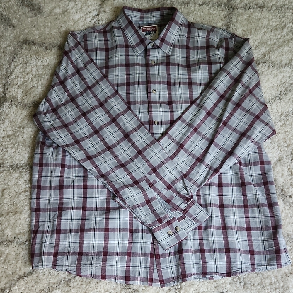 Men's Wrangler Jeans Co. Gray and Burgundy Plaid Casual Button Down Shirt 2XL
